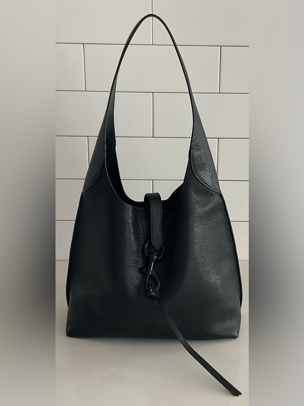 Rebecca Minkoff Black Pebbled Hobo Shoulder Bag with Loop Clasp